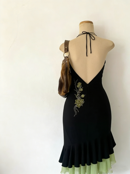 Vintage Black Halter-Neck Mermaid Gown Mint Green Floral Embroidery  Ruffled Hem Formal Dress DP5686