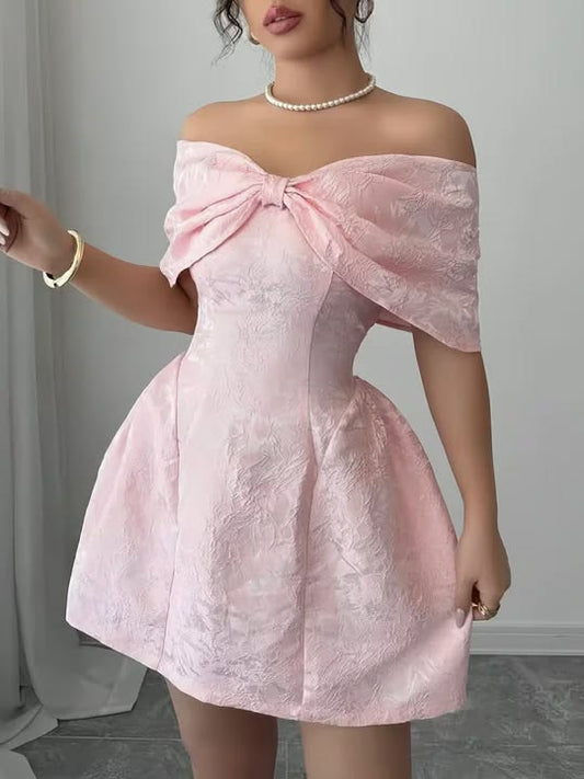 Vintage Pink Off-the-Shoulder Bow A-Line Homecoming Dress DP8537