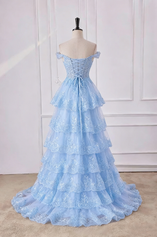 Enchanting Sky Blue Off-the-Shoulder Tiered Tulle Evening Gown Lace Appliques Prom Dress DP8041
