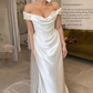 White Off Shoulder Satin Simple Light Wedding Dress, DP2706