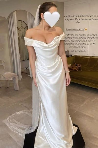 White Off Shoulder Satin Simple Light Wedding Dress, DP2706