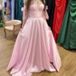 Pink Off Shoulder Sweetheart A-Line Satin Long Formal Party Dress, DP3739