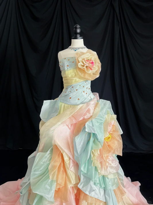 Unique Pastel Rainbow Strapless 3D Floral Applique Ruffled Layers Sweet 16 Quinceanera Ball Gown DP7273