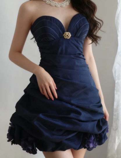 Vintage Navy Blue Strapless Sweetheart Ruched Bodice Gold Embellishment Ruffled Homecoming Dress DP7643