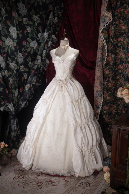 Vintage Ivory Strapless Tiered Lace Spaghetti Strap Wedding Dress DP8347