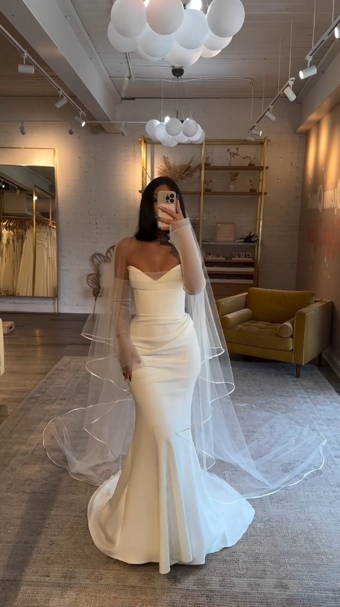 White V Neck Strapless Mermaid Long Prom Dress Wedding Dress, DP2918