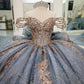 Vintage Silver Gray Off-Shoulder Beaded Applique Quinceanera Sweet 15 Ball Gown DP7180