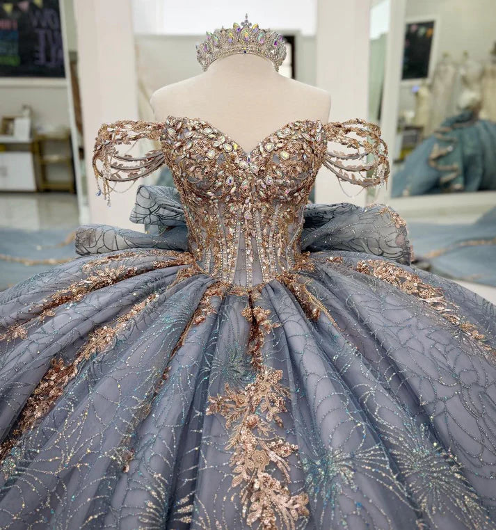Vintage Silver Gray Off-Shoulder Beaded Applique Quinceanera Sweet 15 Ball Gown DP7180