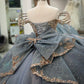 Vintage Silver Gray Off-Shoulder Beaded Applique Quinceanera Sweet 15 Ball Gown DP7180