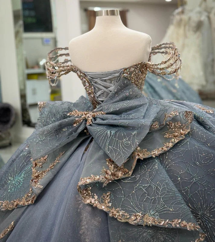 Vintage Silver Gray Off-Shoulder Beaded Applique Quinceanera Sweet 15 Ball Gown DP7180