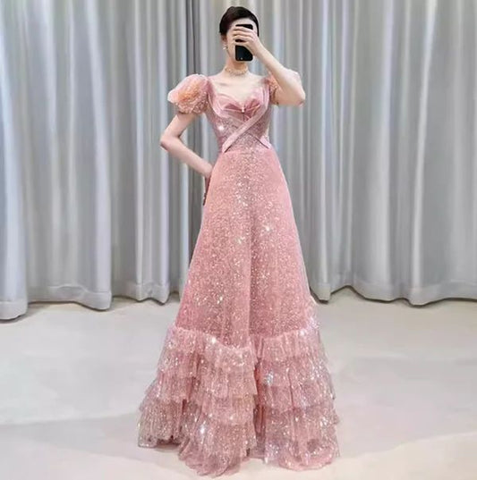 Vintage Pink Sequin Puff Sleeve A-Line Prom Dress Tiered Ruffle Hem Evening Gown DP8283