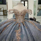 Vintage Silver Gray Off-Shoulder Beaded Applique Quinceanera Sweet 15 Ball Gown DP7180