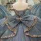 Vintage Silver Gray Off-Shoulder Beaded Applique Quinceanera Sweet 15 Ball Gown DP7180