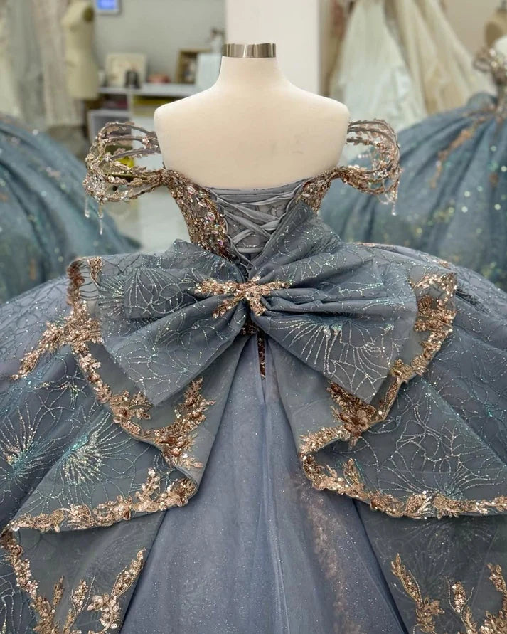 Vintage Silver Gray Off-Shoulder Beaded Applique Quinceanera Sweet 15 Ball Gown DP7180