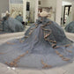 Vintage Silver Gray Off-Shoulder Beaded Applique Quinceanera Sweet 15 Ball Gown DP7180