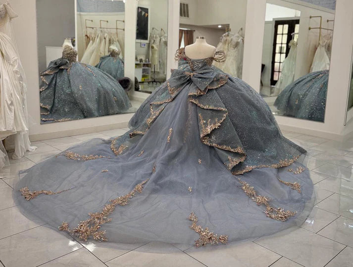 Vintage Silver Gray Off-Shoulder Beaded Applique Quinceanera Sweet 15 Ball Gown DP7180