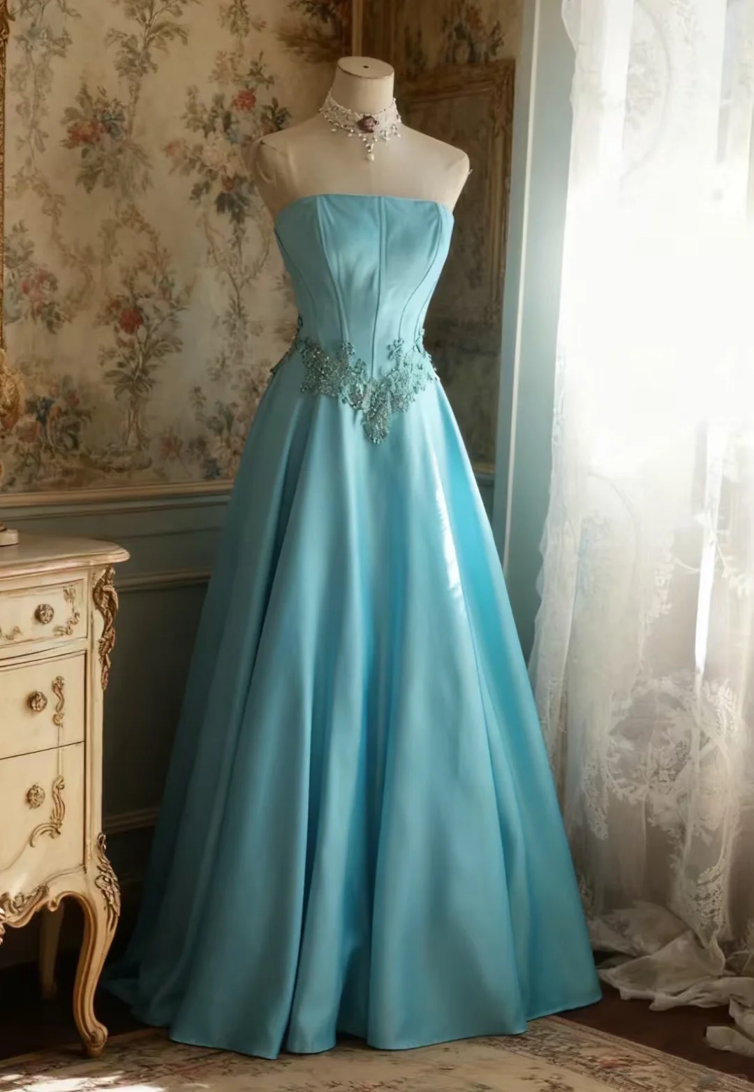 Glamorous Turquoise Satin Strapless A-Line Embellished Waist Prom Dress DP7654