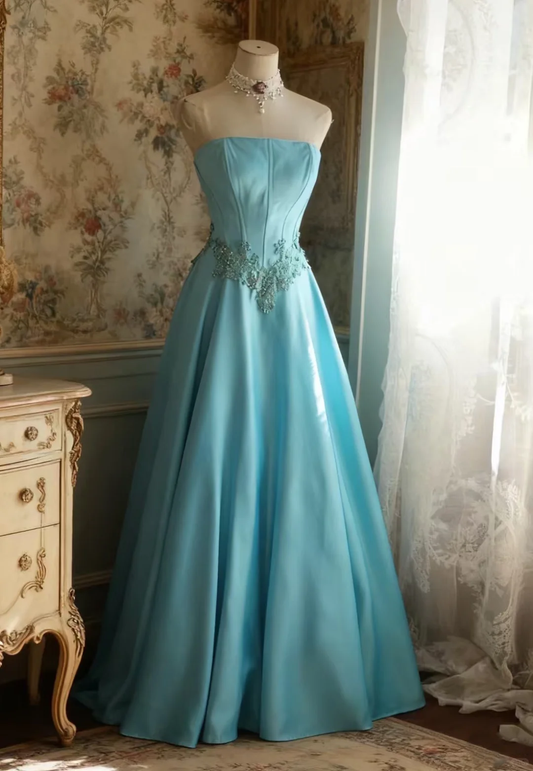 Glamorous Turquoise Satin Strapless A-Line Embellished Waist Prom Dress DP7654