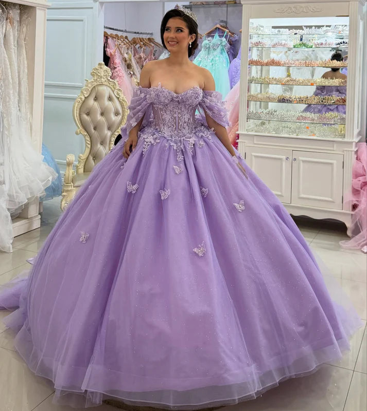 Chic Lilac Appliqued Off-Shoulder Quinceanera Sweet 15 Ball Gown DP7190