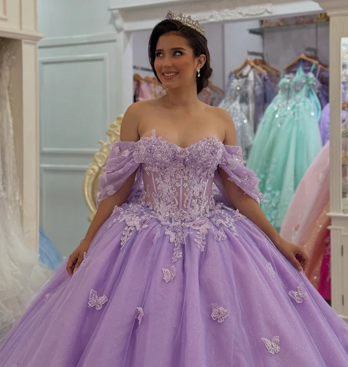 Chic Lilac Appliqued Off-Shoulder Quinceanera Sweet 15 Ball Gown DP7190