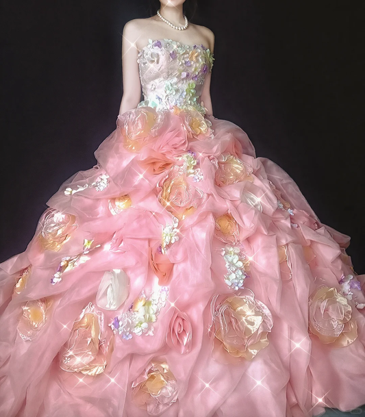 Glamorous Pastel Rainbow 3D Floral Strapless Pink Ruffled Princess Sweet 16 Quinceanera Ball Gown DP7548