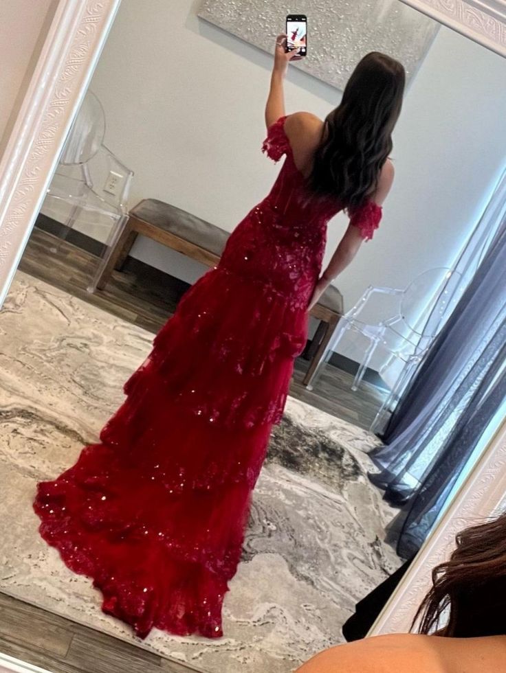 Vintage Off-the-Shoulder Mermaid Evening Gown Sequin Lace Ruffle Formal Train Prom Dress DP7590