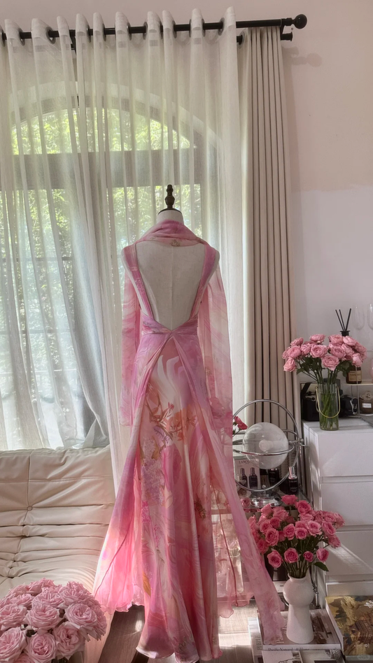 Retro Pink Sweetheart Floral Elegant Design A-line Romantic Chiffon Evening Dress Prom Dress, DP5982