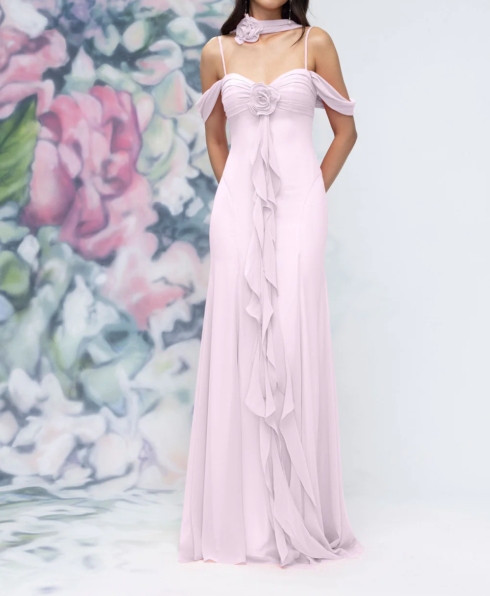 Elegant Off-the-Shoulder Spaghetti Strap 3D Floral Chiffon Neck Scarf Prom Dress DP8461