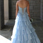 Dreamy Strapless Swetheart Ruffled Tiered High Slit Ball Gown DP8159