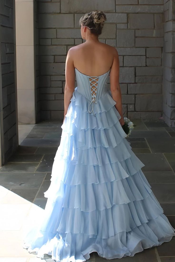 Dreamy Strapless Swetheart Ruffled Tiered High Slit Ball Gown DP8159