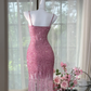Vintage Pink Sparkling Sequin Spaghetti Strap Tassels Hem Romantic  Evening Dress Prom Dresses DP6140