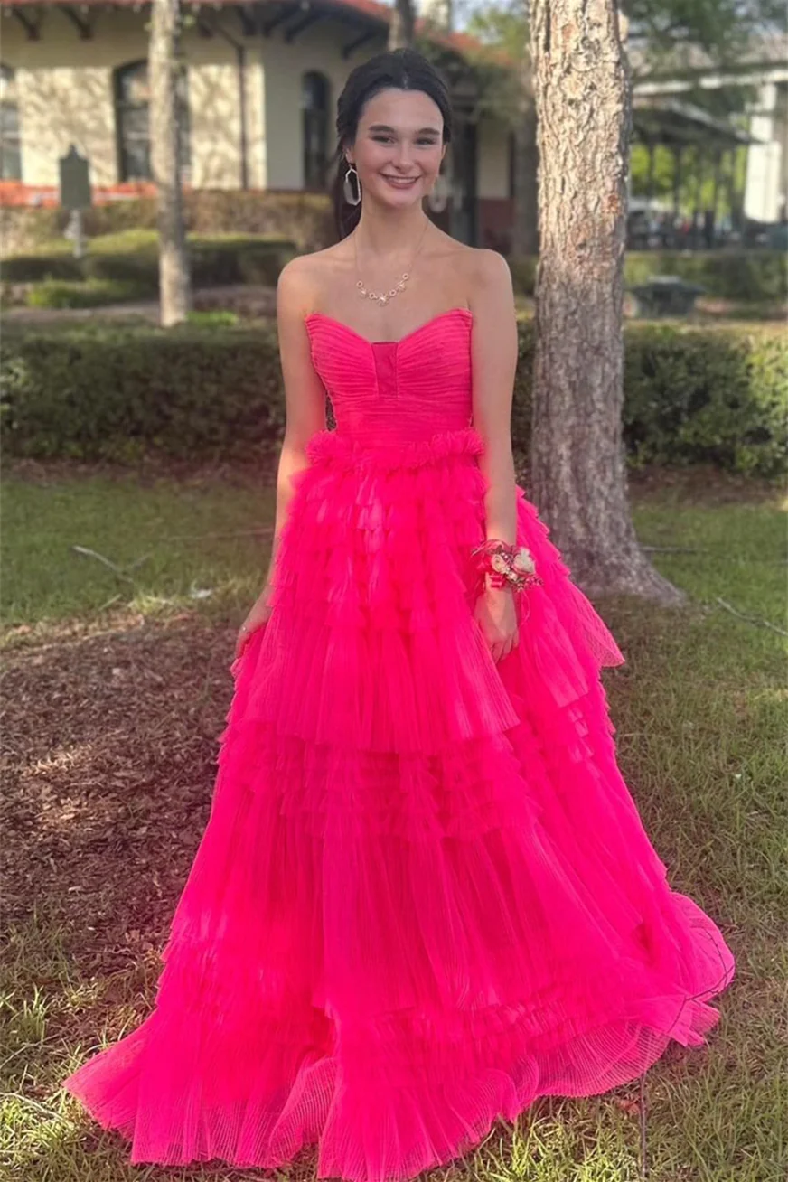 Fuchsia Strapless Pleated Ruffle-Layers Long Prom Dress,DP015