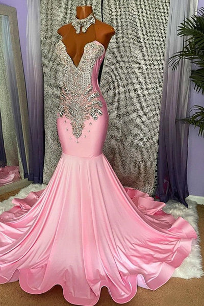 Chic High Neck Pink Long Mermaid Beading Black Girl Prom Dress, DP2309