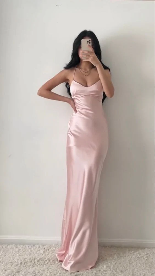 Light Pink Satin Sheath Elegant Simple Long Party Dress, DP2444