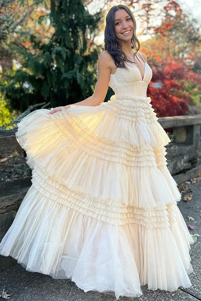 Light Champagne A-Line Tiered Ruffles Long Party Dress Ball Gown,DP1813