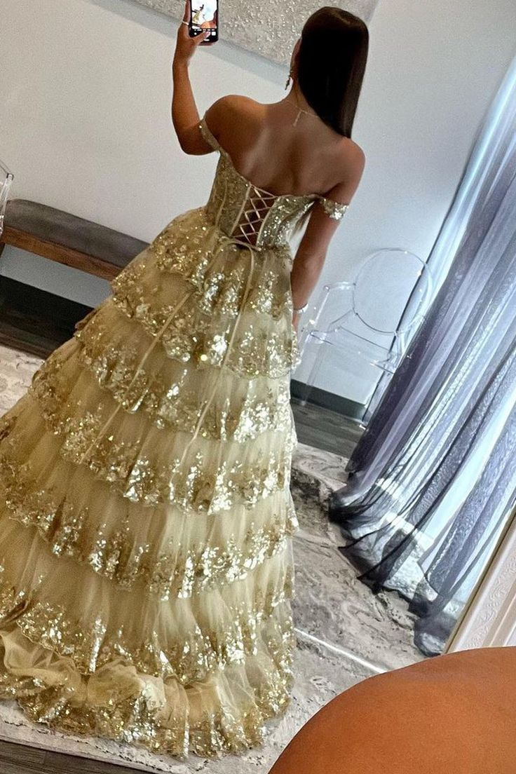 Sparkly A Line Sweetheart Gold Sequins Long Prom Dresses,DP0203