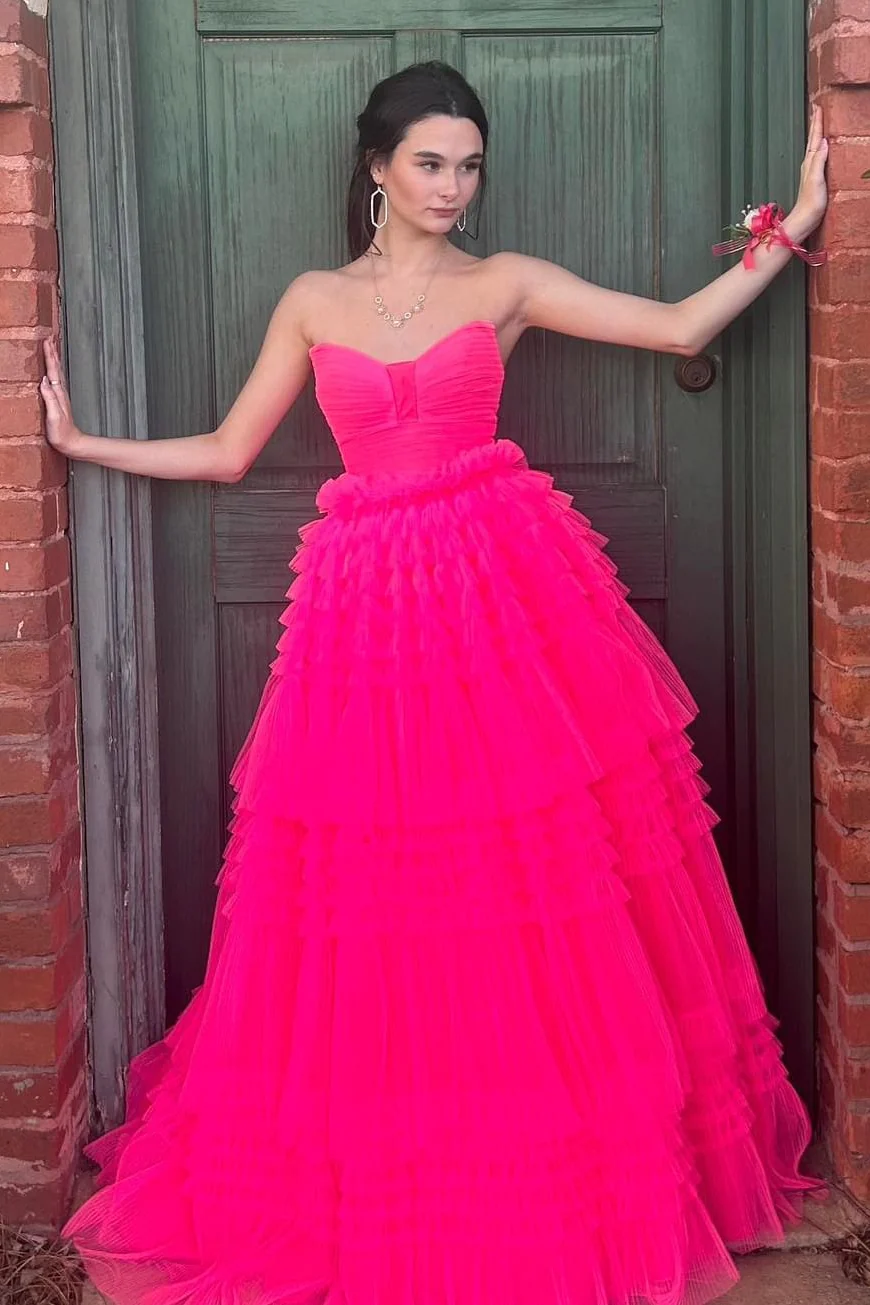 Fuchsia Strapless Pleated Ruffle-Layers Long Prom Dress,DP015