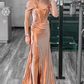Magenta Satin Off-the-Shoulder Mermaid Long Formal Dress with Slit,DP050