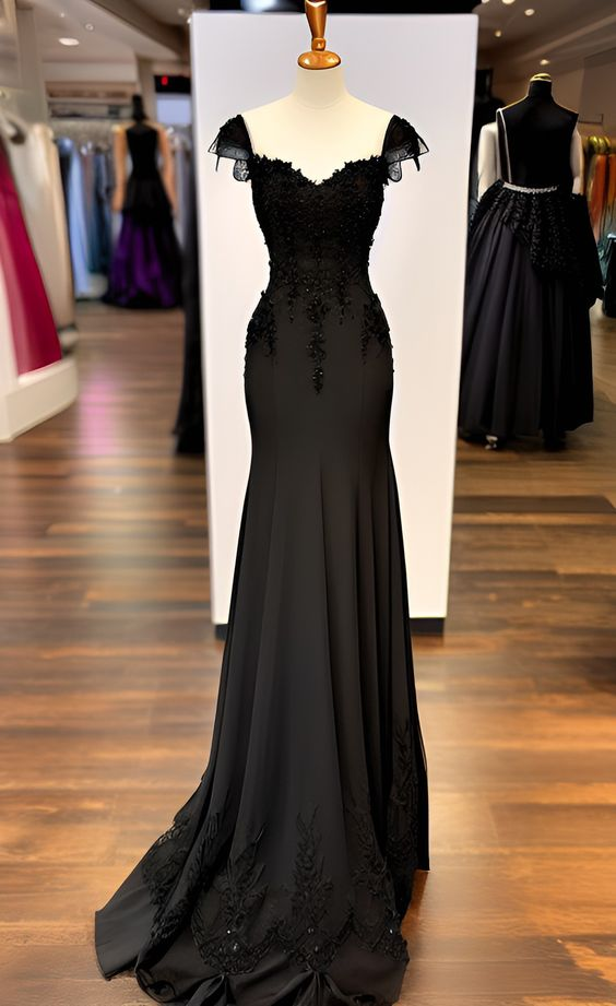 Modest Black Mermaid Appliques Long Formal Party Dress, DP2817