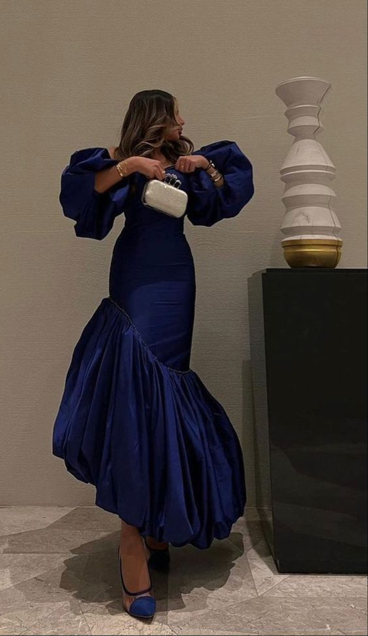 Royal Blue Off Shoulder Mermaid Ruffles Long Evening Dress, DP2938