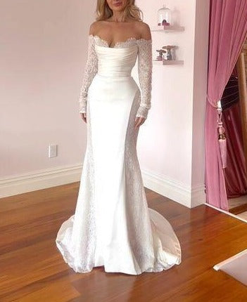 White Off Shoulder Long Sleeves Mermaid Long Wedding Dress, DP2910