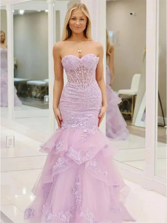 Elegant Lilac Strapless Lace Mermaid Tiered Tulle Prom Gown Evening Dress DP8058