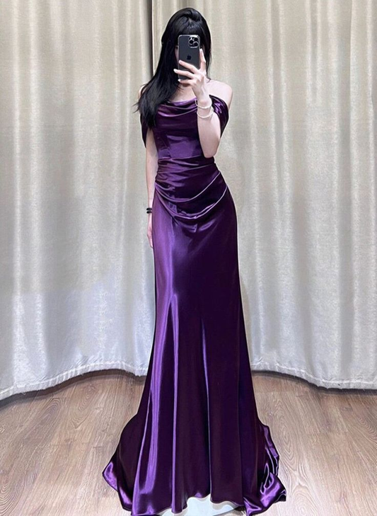 Purple Off Shoulder Mermaid Satin Long Party Dress Evening Dress, DP2843