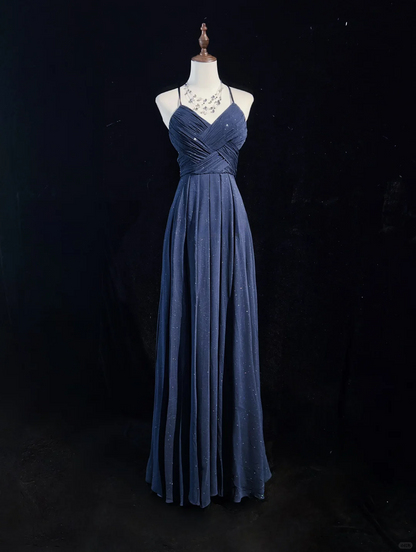 Marineblaues A-Linien-Partykleid mit Trägern, langes formelles Partykleid, elegantes Abendkleid, DP5325