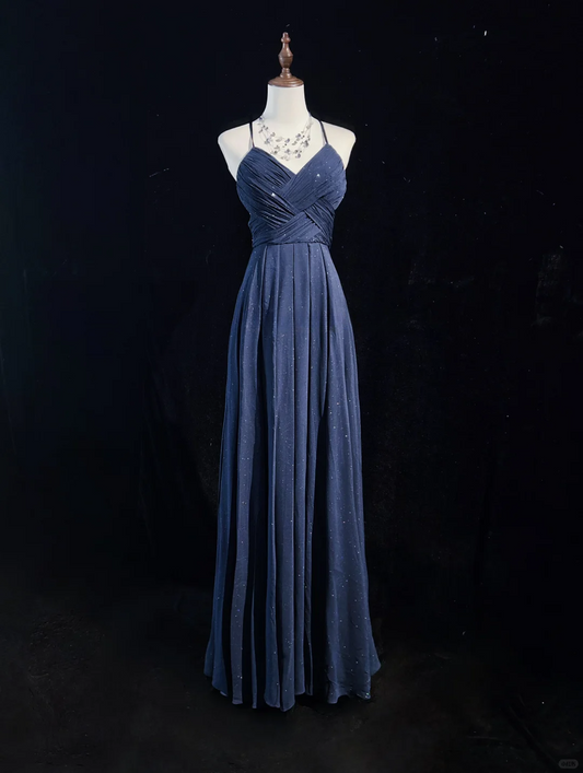 Robe de soirée longue bleu marine à bretelles, coupe trapèze, élégante, DP5325