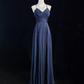 Marineblaues A-Linien-Partykleid mit Trägern, langes formelles Partykleid, elegantes Abendkleid, DP5325