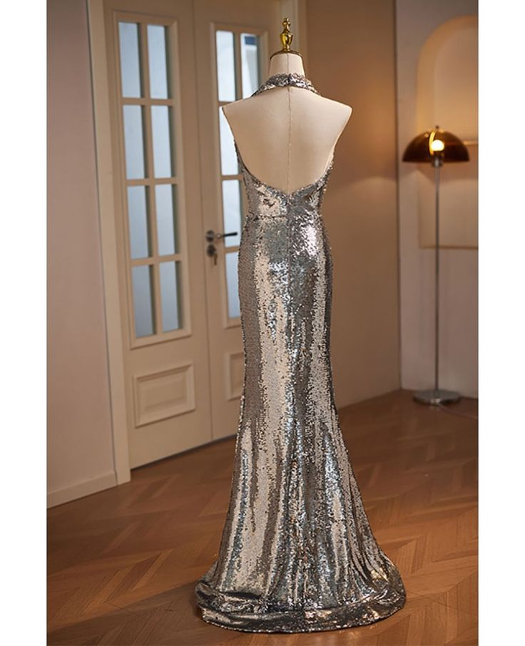 Silver Sequins Halter Mermaid Formal Prom Drerss Evening Gown, DP3214