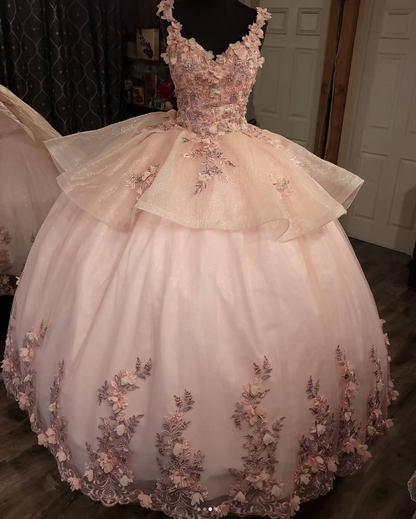 Lovely Pink 3D Flower Appliques Sweet 16 Quinceanera Birthday Dress, DP2676