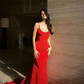 Charming Red Spaghetti Straps Mermaid Long Party Gown with Train, DP3540