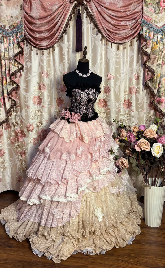 Vintage Pink Lace Strapless Tiered Sweet 16 Quinceanera A-Line Evening Dress Ball Gown DP6280